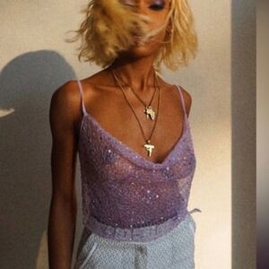 Dyspnea Ms Slinky Lavender Sequin Mesh Cowl Neck Crop Top XS Purple